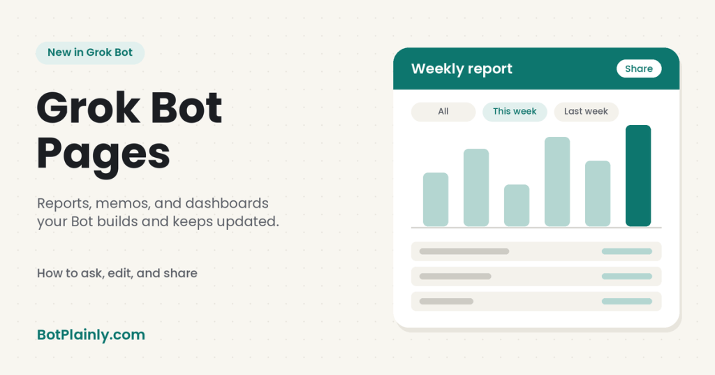 Grok Bot Pages: reports, memos, and dashboards your Bot builds and keeps updated. How to ask, edit, and share. BotPlainly.com
