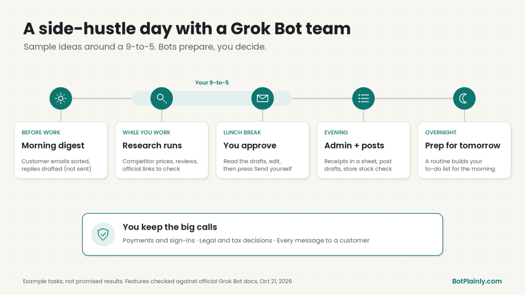 A sample side-hustle day with a team of Grok Bots: a morning digest, research while you're at work, drafts to approve at lunch, an evening review, and overnight prep, with you keeping payments, legal and tax decisions, and customer messages